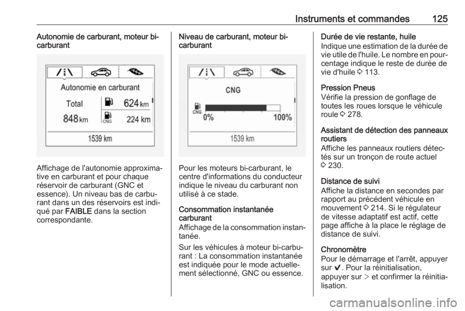 OPEL ASTRA K 2018.5 Manuel dutilisation (in French) Instruments et commandes125Autonomie de carburant, moteur bi-
carburant
Affichage de l'autonomie approxima‐
tive en carburant et pour chaque
réservoir de carburant (GNC et
essence). Un niveau b OPEL ASTRA K 2018.5 Manuel dutilisation (in French) Instruments et commandes125Autonomie de carburant, moteur bi-
carburant
Affichage de l'autonomie approxima‐
tive en carburant et pour chaque
réservoir de carburant (GNC et
essence). Un niveau b