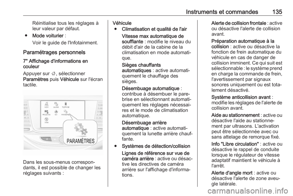 OPEL ASTRA K 2018.5 Manuel dutilisation (in French) Instruments et commandes135Réinitialise tous les réglages à
leur valeur par défaut.
● Mode voiturier :
Voir le guide de l'Infotainment.
Paramétrages personnels
7" Affichage d'infor OPEL ASTRA K 2018.5 Manuel dutilisation (in French) Instruments et commandes135Réinitialise tous les réglages à
leur valeur par défaut.
● Mode voiturier :
Voir le guide de l'Infotainment.
Paramétrages personnels
7" Affichage d'infor