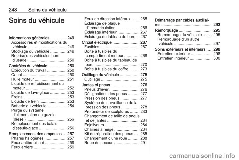 OPEL ASTRA K 2018.5  Manuel dutilisation (in French) 248Soins du véhiculeSoins du véhiculeInformations générales..............249
Accessoires et modifications du véhicule .................................. 249
Stockage du véhicule ..............24