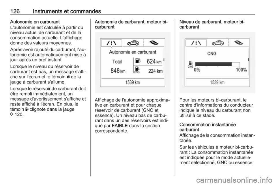 OPEL ASTRA K 2018.75 Manuel dutilisation (in French) 126Instruments et commandesAutonomie en carburant
L'autonomie est calculée à partir du
niveau actuel de carburant et de la
consommation actuelle. L'affichage donne des valeurs moyennes.
Apr OPEL ASTRA K 2018.75 Manuel dutilisation (in French) 126Instruments et commandesAutonomie en carburant
L'autonomie est calculée à partir du
niveau actuel de carburant et de la
consommation actuelle. L'affichage donne des valeurs moyennes.
Apr
