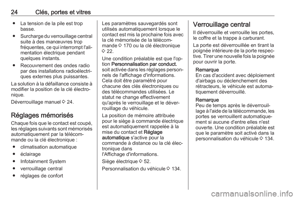 OPEL ASTRA K 2018.75  Manuel dutilisation (in French) 24Clés, portes et vitres● La tension de la pile est tropbasse.
● Surcharge du verrouillage central
suite à des manœuvres trop
fréquentes, ce qui interrompt l'ali‐
mentation électrique p