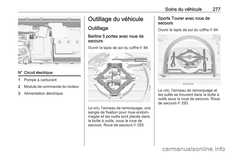 OPEL ASTRA K 2018.75  Manuel dutilisation (in French) Soins du véhicule277N°Circuit électrique1Pompe à carburant2Module de commande du moteur3Alimentation électriqueOutillage du véhiculeOutillage Berline 5 portes avec roue de
secours
Ouvrir le tapi