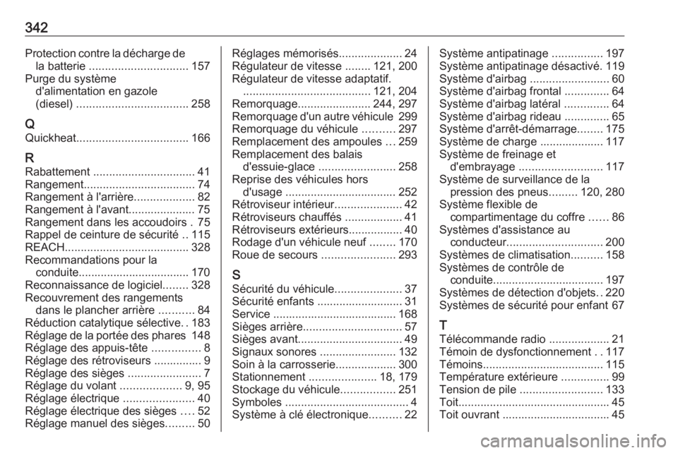 OPEL ASTRA K 2018.75  Manuel dutilisation (in French) 342Protection contre la décharge dela batterie  ............................... 157
Purge du système d'alimentation en gazole
(diesel)  ................................... 258
Q Quickheat ......
