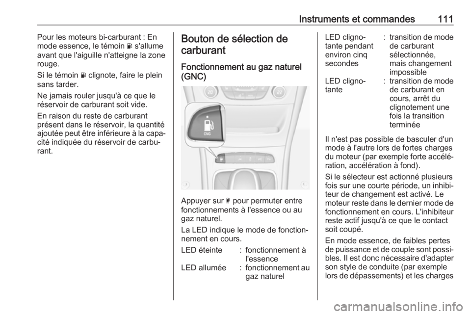 OPEL ASTRA K 2019 Manuel dutilisation (in French) Instruments et commandes111Pour les moteurs bi-carburant : En
mode essence, le témoin r s'allume
avant que l'aiguille n'atteigne la zone rouge.
Si le témoin r clignote, faire le plein
OPEL ASTRA K 2019 Manuel dutilisation (in French) Instruments et commandes111Pour les moteurs bi-carburant : En
mode essence, le témoin r s'allume
avant que l'aiguille n'atteigne la zone rouge.
Si le témoin r clignote, faire le plein