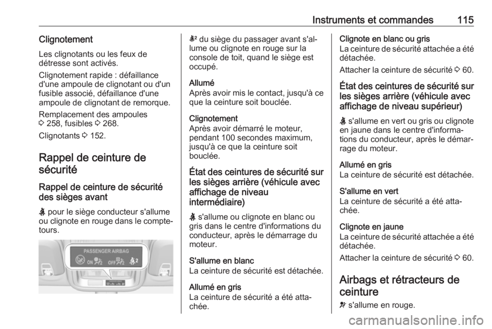 OPEL ASTRA K 2019 Manuel dutilisation (in French) Instruments et commandes115ClignotementLes clignotants ou les feux de
détresse sont activés.
Clignotement rapide : défaillance
d'une ampoule de clignotant ou d'un
fusible associé, défaill OPEL ASTRA K 2019 Manuel dutilisation (in French) Instruments et commandes115ClignotementLes clignotants ou les feux de
détresse sont activés.
Clignotement rapide : défaillance
d'une ampoule de clignotant ou d'un
fusible associé, défaill