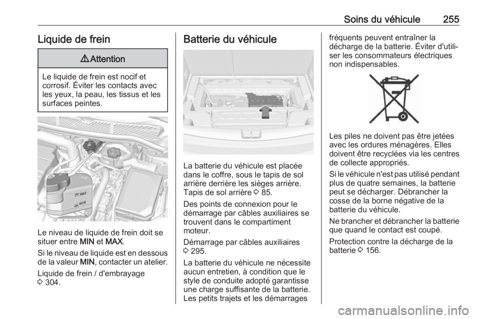 OPEL ASTRA K 2019 Manuel dutilisation (in French) Soins du véhicule255Liquide de frein9Attention
Le liquide de frein est nocif et
corrosif. Éviter les contacts avec
les yeux, la peau, les tissus et les
surfaces peintes.
Le niveau de liquide de frei OPEL ASTRA K 2019 Manuel dutilisation (in French) Soins du véhicule255Liquide de frein9Attention
Le liquide de frein est nocif et
corrosif. Éviter les contacts avec
les yeux, la peau, les tissus et les
surfaces peintes.
Le niveau de liquide de frei