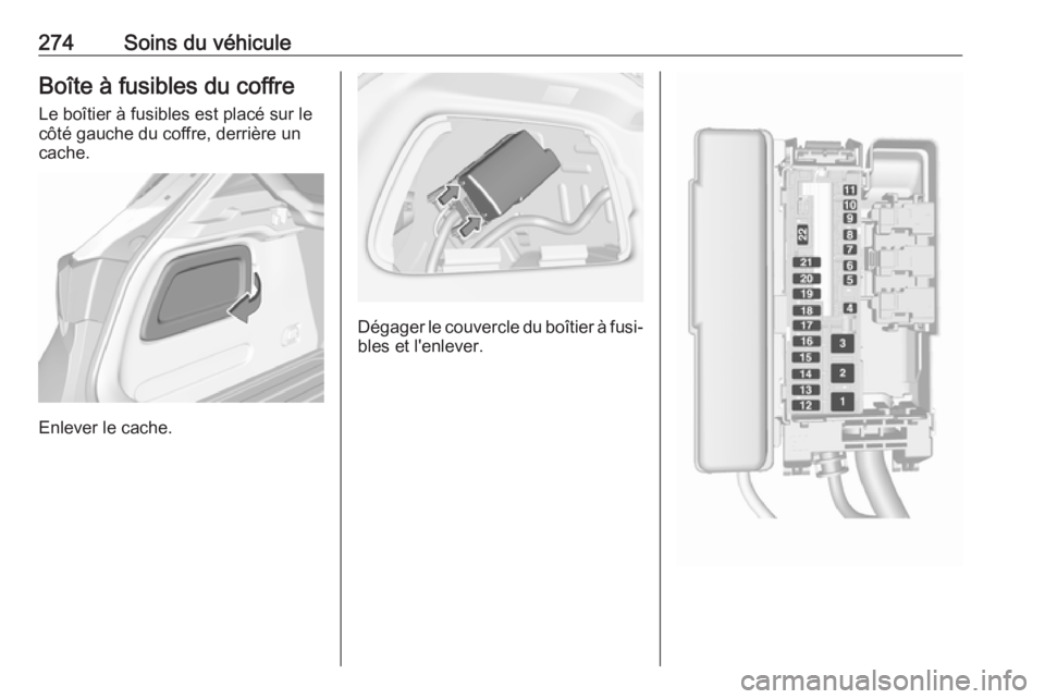 OPEL ASTRA K 2019 Manuel dutilisation (in French) 274Soins du véhiculeBoîte à fusibles du coffre
Le boîtier à fusibles est placé sur le
côté gauche du coffre, derrière un
cache.
Enlever le cache.
Dégager le couvercle du boîtier à fusi‐
OPEL ASTRA K 2019 Manuel dutilisation (in French) 274Soins du véhiculeBoîte à fusibles du coffre
Le boîtier à fusibles est placé sur le
côté gauche du coffre, derrière un
cache.
Enlever le cache.
Dégager le couvercle du boîtier à fusi‐