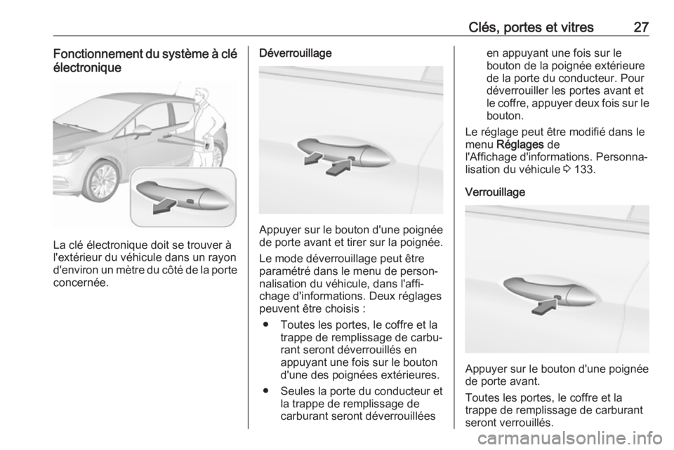 OPEL ASTRA K 2019 Manuel dutilisation (in French) Clés, portes et vitres27Fonctionnement du système à cléélectronique
La clé électronique doit se trouver à
l'extérieur du véhicule dans un rayon
d'environ un mètre du côté de la po OPEL ASTRA K 2019 Manuel dutilisation (in French) Clés, portes et vitres27Fonctionnement du système à cléélectronique
La clé électronique doit se trouver à
l'extérieur du véhicule dans un rayon
d'environ un mètre du côté de la po