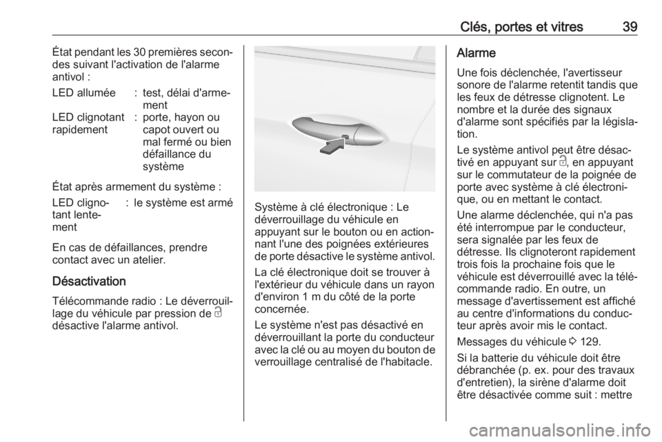 OPEL ASTRA K 2020  Manuel dutilisation (in French) Clés, portes et vitres39État pendant les 30 premières secon‐
des suivant l'activation de l'alarme
antivol :LED allumée:test, délai d'arme‐ mentLED clignotant
rapidement:porte, hay