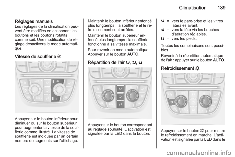 OPEL CASCADA 2014  Manuel dutilisation (in French) Climatisation139
Réglages manuelsLes réglages de la climatisation peu‐
vent être modifiés en actionnant les
boutons et les boutons rotatifs
comme suit. Une modification de ré‐
glage désactiv