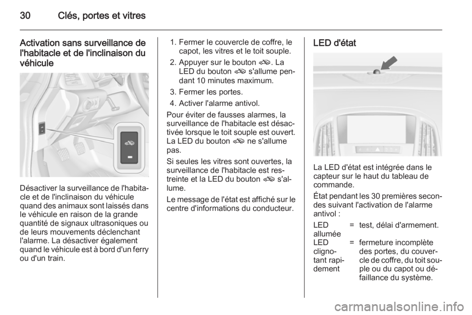 OPEL CASCADA 2014.5 Manuel dutilisation (in French) 30Clés, portes et vitres
Activation sans surveillance de
l'habitacle et de l'inclinaison du
véhicule
Désactiver la surveillance de l'habita‐ cle et de l'inclinaison du véhicule
q OPEL CASCADA 2014.5 Manuel dutilisation (in French) 30Clés, portes et vitres
Activation sans surveillance de
l'habitacle et de l'inclinaison du
véhicule
Désactiver la surveillance de l'habita‐ cle et de l'inclinaison du véhicule
q