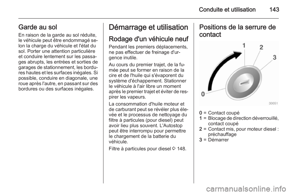 OPEL CASCADA 2015  Manuel dutilisation (in French) Conduite et utilisation143Garde au solEn raison de la garde au sol réduite,
le véhicule peut être endommagé se‐
lon la charge du véhicule et l'état du
sol. Porter une attention particuliè