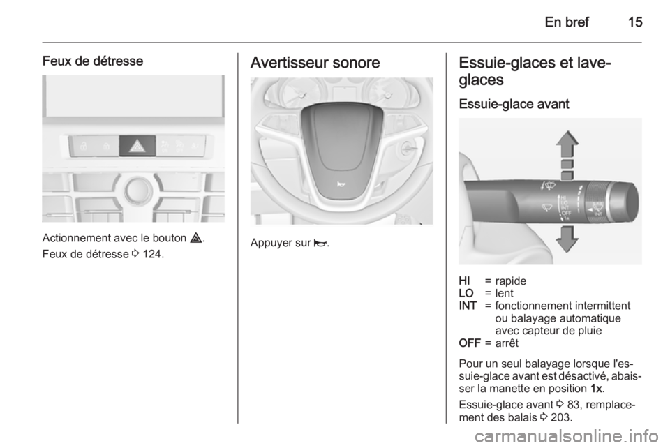 OPEL CASCADA 2015 Manuel dutilisation (in French) En bref15
Feux de détresse
Actionnement avec le bouton ¨.
Feux de détresse 3 124.
Avertisseur sonore
Appuyer sur j.
Essuie-glaces et lave-
glaces
Essuie-glace avantHI=rapideLO=lentINT=fonctionnem OPEL CASCADA 2015 Manuel dutilisation (in French) En bref15
Feux de détresse
Actionnement avec le bouton ¨.
Feux de détresse 3 124.
Avertisseur sonore
Appuyer sur j.
Essuie-glaces et lave-
glaces
Essuie-glace avantHI=rapideLO=lentINT=fonctionnem