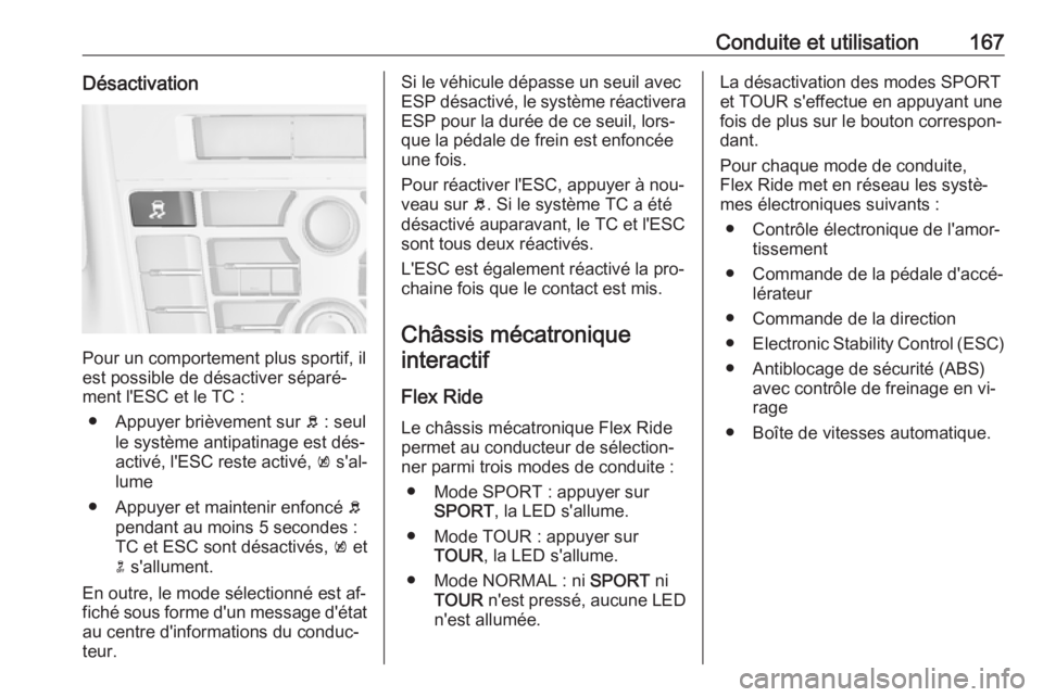 OPEL CASCADA 2016.5 Manuel dutilisation (in French) Conduite et utilisation167Désactivation
Pour un comportement plus sportif, il
est possible de désactiver séparé‐
ment l'ESC et le TC :
● Appuyer brièvement sur b : seul
le système antip OPEL CASCADA 2016.5 Manuel dutilisation (in French) Conduite et utilisation167Désactivation
Pour un comportement plus sportif, il
est possible de désactiver séparé‐
ment l'ESC et le TC :
● Appuyer brièvement sur b : seul
le système antip