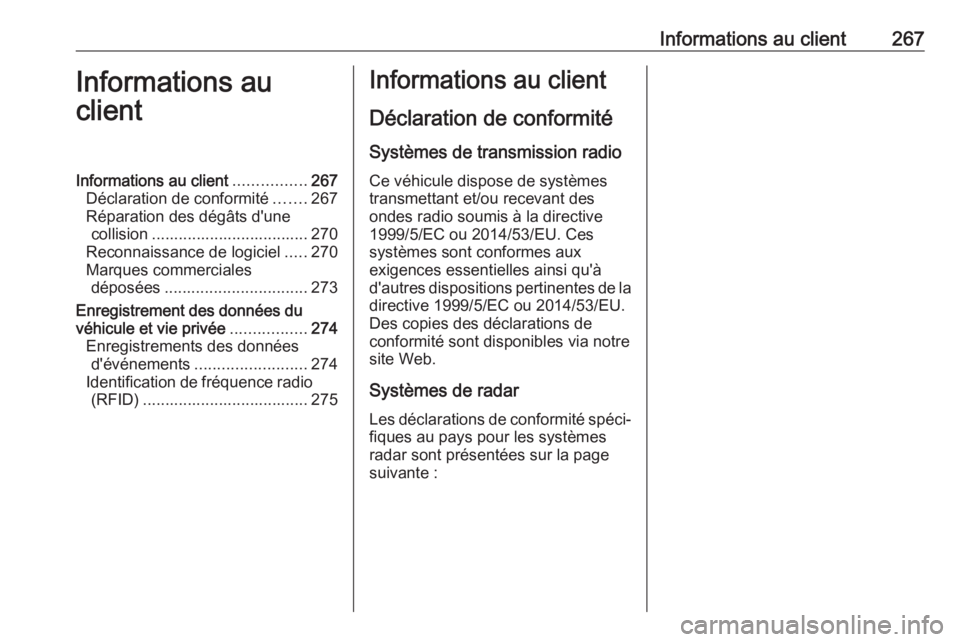 OPEL CASCADA 2017 Manuel dutilisation (in French) Informations au client267Informations au
clientInformations au client ................267
Déclaration de conformité .......267
Réparation des dégâts d'une collision .......................... OPEL CASCADA 2017 Manuel dutilisation (in French) Informations au client267Informations au
clientInformations au client ................267
Déclaration de conformité .......267
Réparation des dégâts d'une collision ..........................