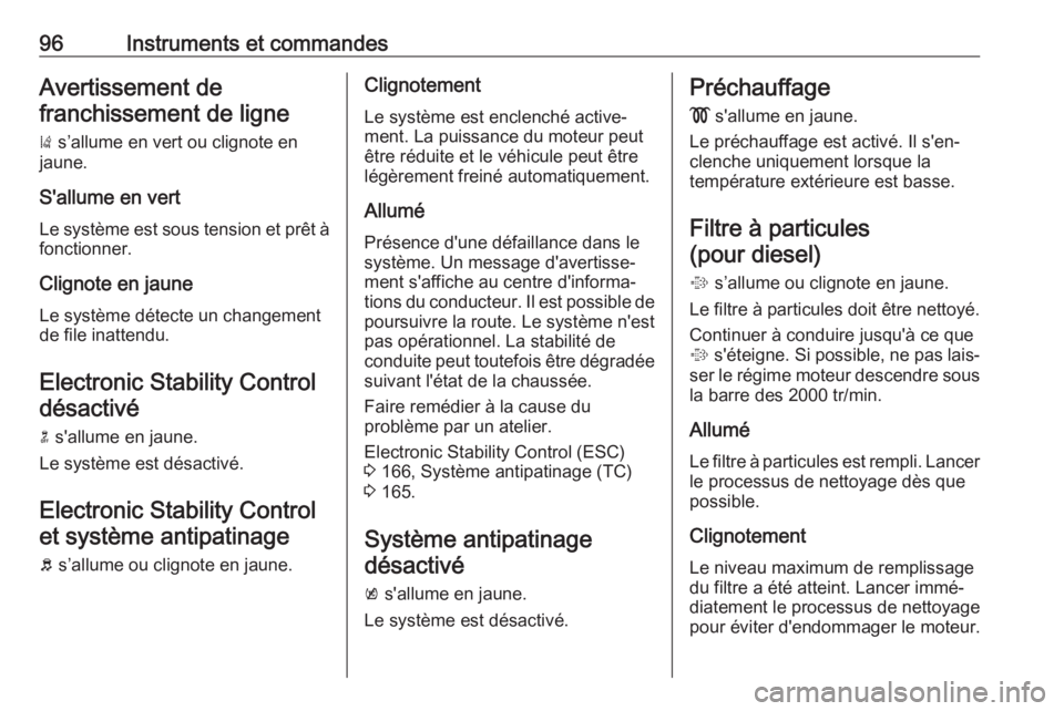 OPEL CASCADA 2017  Manuel dutilisation (in French) 96Instruments et commandesAvertissement de
franchissement de ligne
)  s’allume en vert ou clignote en
jaune.
S'allume en vert Le système est sous tension et prêt à fonctionner.
Clignote en ja OPEL CASCADA 2017  Manuel dutilisation (in French) 96Instruments et commandesAvertissement de
franchissement de ligne
)  s’allume en vert ou clignote en
jaune.
S'allume en vert Le système est sous tension et prêt à fonctionner.
Clignote en ja