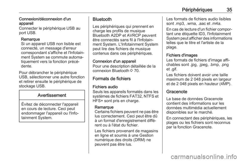 OPEL CASCADA 2018 Manuel multimédia (in French) Périphériques35Connexion/déconnexion d'un
appareil
Connecter le périphérique USB au port USB.
Remarque
Si un appareil USB non lisible est
connecté, un message d'erreur
correspondant s OPEL CASCADA 2018 Manuel multimédia (in French) Périphériques35Connexion/déconnexion d'un
appareil
Connecter le périphérique USB au port USB.
Remarque
Si un appareil USB non lisible est
connecté, un message d'erreur
correspondant s