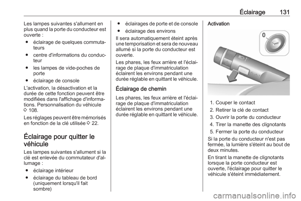 OPEL CASCADA 2018 Manuel dutilisation (in French) Éclairage131Les lampes suivantes s'allument en
plus quand la porte du conducteur est ouverte :
● éclairage de quelques commuta‐
teurs
● centre d'informations du conduc‐ teur
● les OPEL CASCADA 2018 Manuel dutilisation (in French) Éclairage131Les lampes suivantes s'allument en
plus quand la porte du conducteur est ouverte :
● éclairage de quelques commuta‐
teurs
● centre d'informations du conduc‐ teur
● les