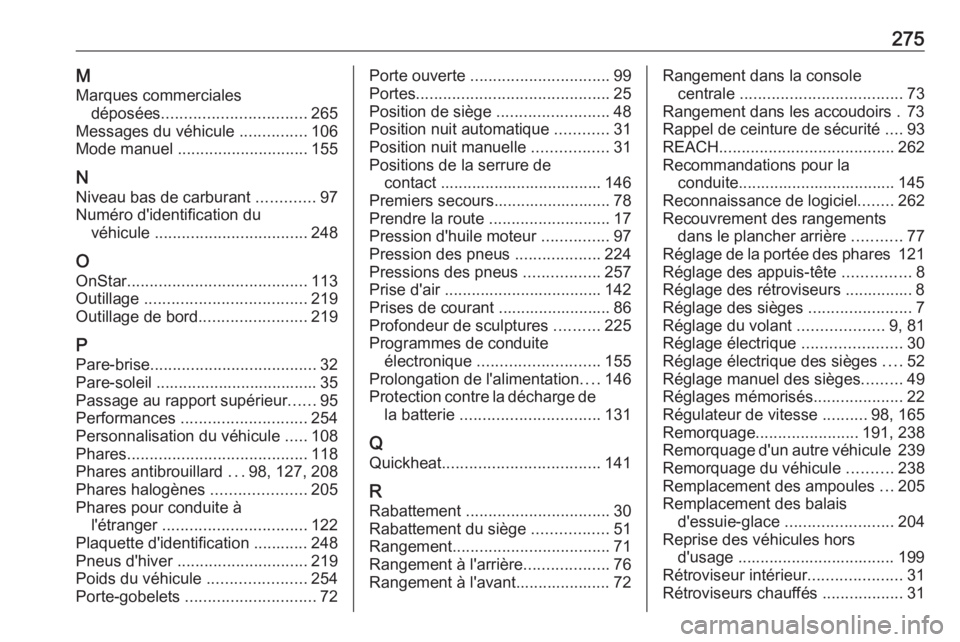 OPEL CASCADA 2019  Manuel dutilisation (in French) 275MMarques commerciales déposées ................................ 265
Messages du véhicule  ...............106
Mode manuel  ............................. 155
N
Niveau bas de carburant  ...........