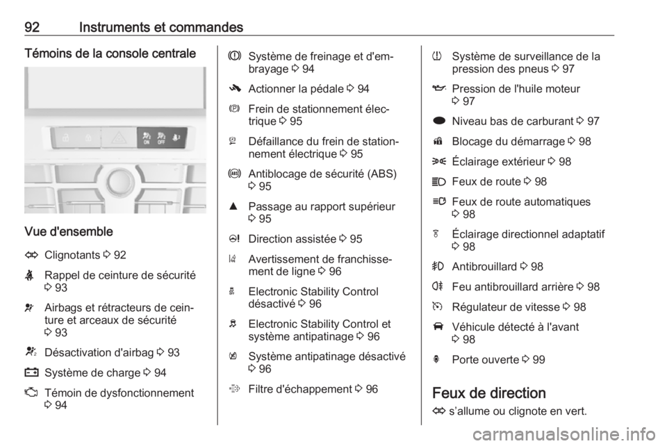 OPEL CASCADA 2019  Manuel dutilisation (in French) 92Instruments et commandesTémoins de la console centrale
Vue d'ensemble
OClignotants 3 92XRappel de ceinture de sécurité
3  93vAirbags et rétracteurs de cein‐
ture et arceaux de sécurité
3