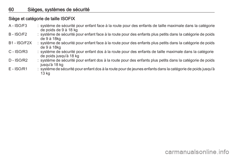 OPEL COMBO 2017  Manuel dutilisation (in French) 60Sièges, systèmes de sécuritéSiège et catégorie de taille ISOFIXA - ISO/F3:système de sécurité pour enfant face à la route pour des enfants de taille maximale dans la catégoriede poids de 
