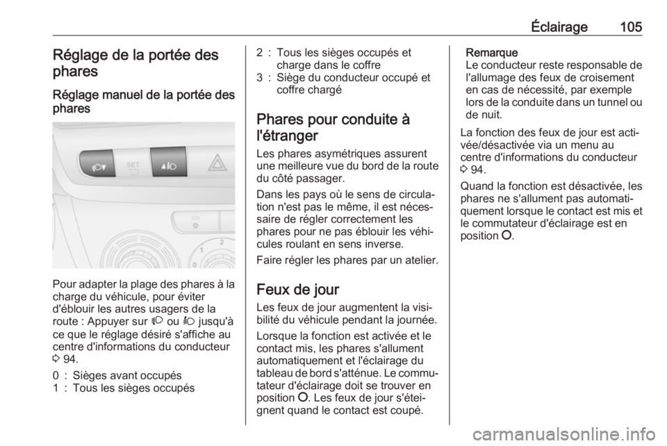OPEL COMBO D 2017.5 Manuel dutilisation (in French) Éclairage105Réglage de la portée desphares
Réglage manuel de la portée des
phares
Pour adapter la plage des phares à la
charge du véhicule, pour éviter
d'éblouir les autres usagers de la
OPEL COMBO D 2017.5 Manuel dutilisation (in French) Éclairage105Réglage de la portée desphares
Réglage manuel de la portée des
phares
Pour adapter la plage des phares à la
charge du véhicule, pour éviter
d'éblouir les autres usagers de la