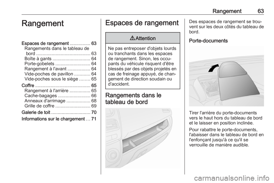 OPEL COMBO D 2018  Manuel dutilisation (in French) Rangement63RangementEspaces de rangement................63
Rangements dans le tableau de bord .......................................... 63
Boîte à gants ............................. 64
Porte-gobel