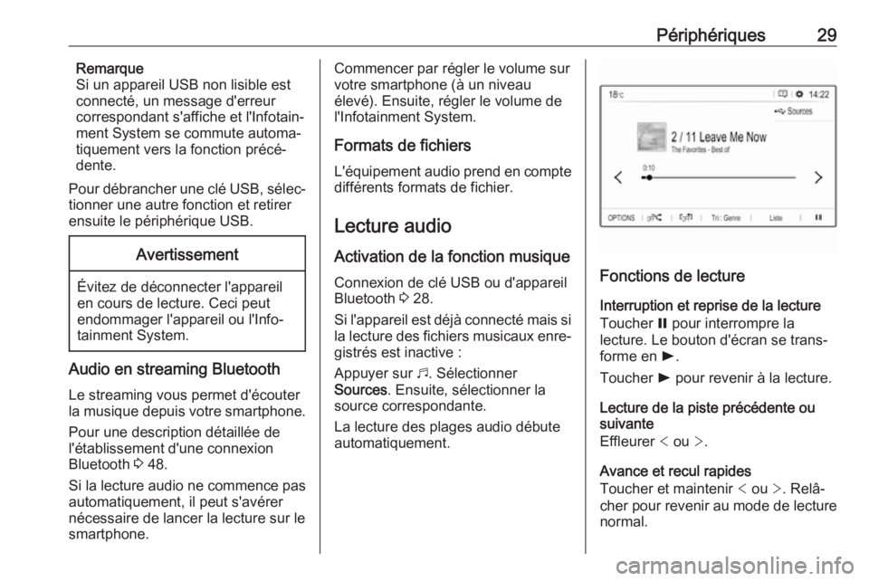 OPEL COMBO E 2019  Manuel multimédia (in French) Périphériques29Remarque
Si un appareil USB non lisible est
connecté, un message d'erreur correspondant s'affiche et l'Infotain‐ment System se commute automa‐
tiquement vers la fonct