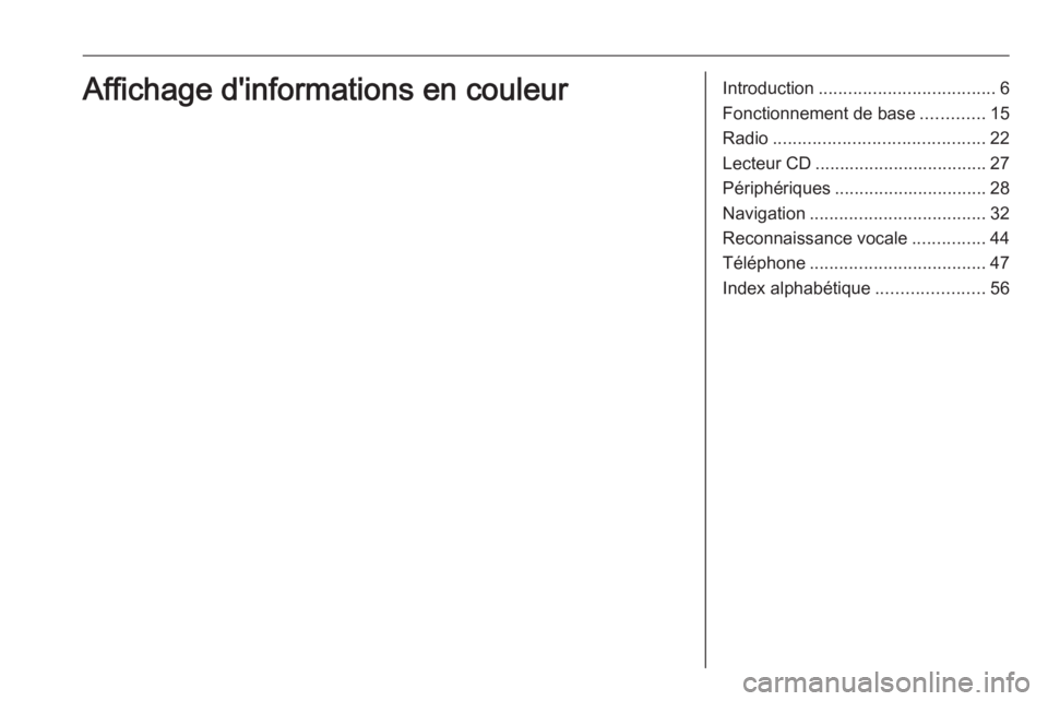 OPEL COMBO E 2019 Manuel multimédia (in French) Introduction.................................... 6
Fonctionnement de base .............15
Radio ........................................... 22
Lecteur CD ................................... 27
Périph OPEL COMBO E 2019 Manuel multimédia (in French) Introduction.................................... 6
Fonctionnement de base .............15
Radio ........................................... 22
Lecteur CD ................................... 27
Périph