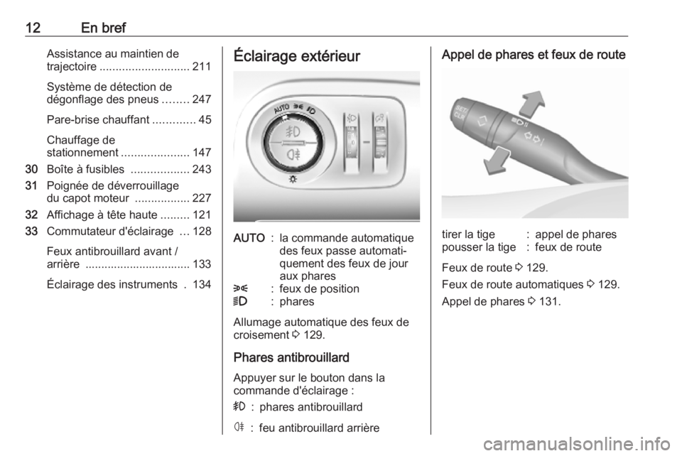 OPEL COMBO E 2019  Manuel dutilisation (in French) 12En brefAssistance au maintien detrajectoire ............................ 211
Système de détection de
dégonflage des pneus ........247
Pare-brise chauffant .............45
Chauffage de
stationneme