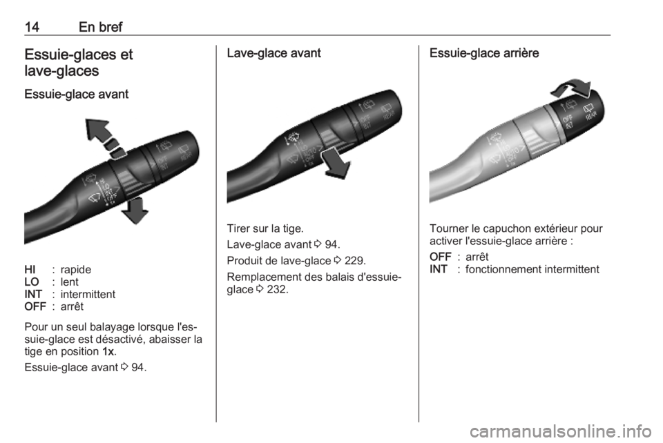 OPEL COMBO E 2019  Manuel dutilisation (in French) 14En brefEssuie-glaces et
lave-glaces 
Essuie-glace avantHI:rapideLO:lentINT:intermittentOFF:arrêt
Pour un seul balayage lorsque l'es‐
suie-glace est désactivé, abaisser la
tige en position  