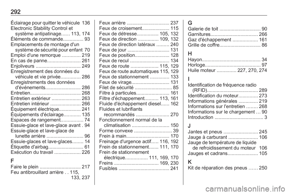 OPEL COMBO E 2019  Manuel dutilisation (in French) 292Éclairage pour quitter le véhicule 136
Electronic Stability Control et système antipatinage ......113, 174
Éléments de commande ...............93
Emplacements de montage d'un système de s