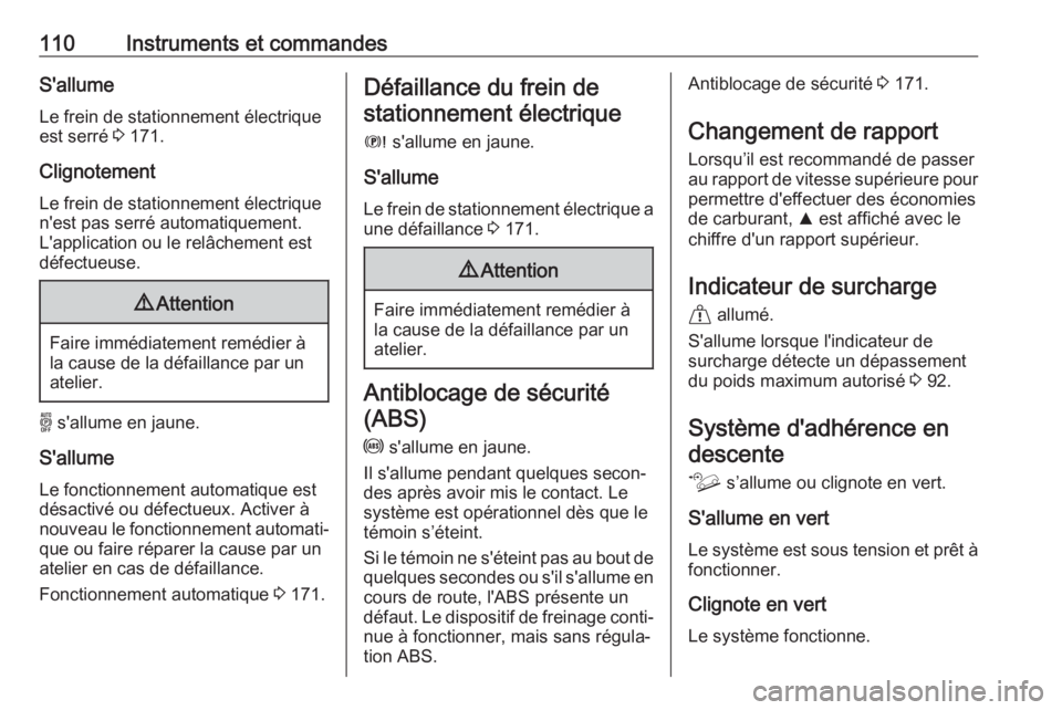OPEL COMBO E 2019.75 Manuel dutilisation (in French) 110Instruments et commandesS'allume
Le frein de stationnement électrique
est serré 3 171.
Clignotement
Le frein de stationnement électrique
n'est pas serré automatiquement.
L'applicat OPEL COMBO E 2019.75 Manuel dutilisation (in French) 110Instruments et commandesS'allume
Le frein de stationnement électrique
est serré 3 171.
Clignotement
Le frein de stationnement électrique
n'est pas serré automatiquement.
L'applicat