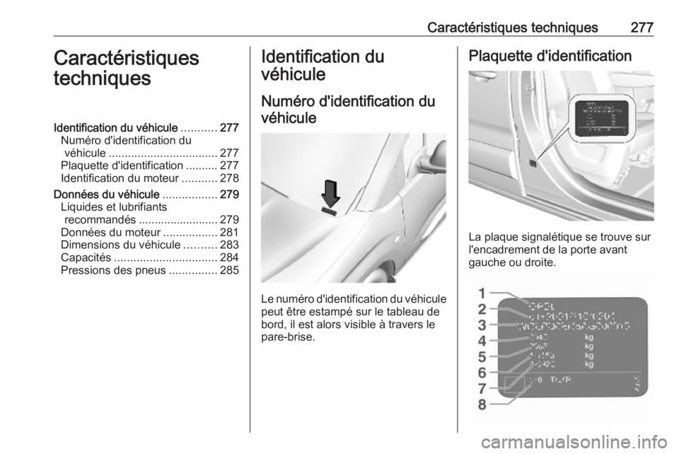 OPEL COMBO E 2019.75 Manuel dutilisation (in French) Caractéristiques techniques277Caractéristiques
techniquesIdentification du véhicule ...........277
Numéro d'identification du véhicule .................................. 277
Plaquette d'i OPEL COMBO E 2019.75 Manuel dutilisation (in French) Caractéristiques techniques277Caractéristiques
techniquesIdentification du véhicule ...........277
Numéro d'identification du véhicule .................................. 277
Plaquette d'i