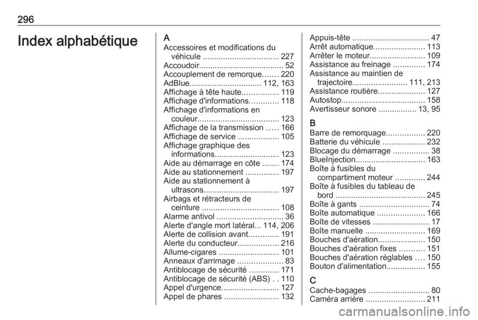 OPEL COMBO E 2019.75  Manuel dutilisation (in French) 296Index alphabétiqueAAccessoires et modifications du véhicule  .................................. 227
Accoudoir...................................... 52
Accouplement de remorque .......220
AdBlue .