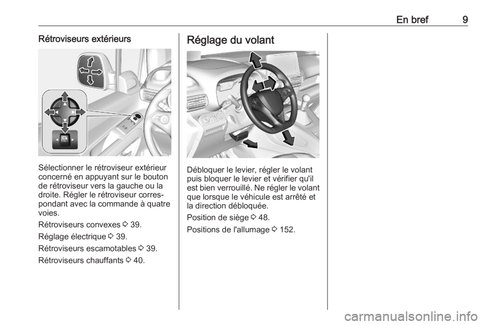 OPEL COMBO E 2020 Manuel dutilisation (in French) En bref9Rétroviseurs extérieurs
Sélectionner le rétroviseur extérieur
concerné en appuyant sur le bouton
de rétroviseur vers la gauche ou la
droite. Régler le rétroviseur corres‐
pondant av OPEL COMBO E 2020 Manuel dutilisation (in French) En bref9Rétroviseurs extérieurs
Sélectionner le rétroviseur extérieur
concerné en appuyant sur le bouton
de rétroviseur vers la gauche ou la
droite. Régler le rétroviseur corres‐
pondant av