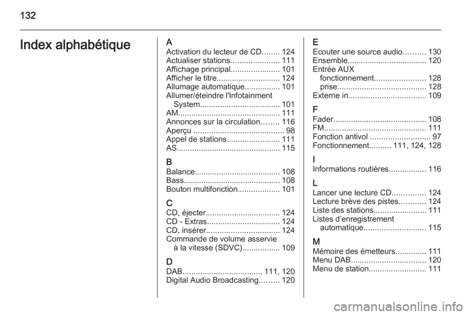 OPEL CORSA 2014.5 Manuel dutilisation (in French) 132Index alphabétiqueAActivation du lecteur de CD ........124
Actualiser stations ......................111
Affichage principal ......................101
Afficher le titre............................ OPEL CORSA 2014.5 Manuel dutilisation (in French) 132Index alphabétiqueAActivation du lecteur de CD ........124
Actualiser stations ......................111
Affichage principal ......................101
Afficher le titre............................