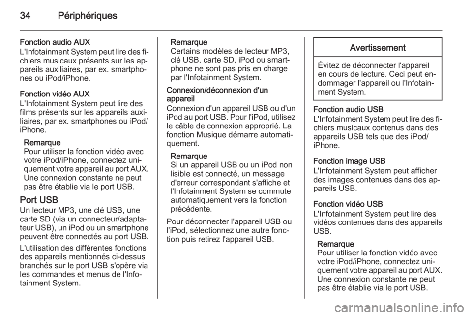 OPEL CORSA 2015  Manuel multimédia (in French) 34Périphériques
Fonction audio AUX
L'Infotainment System peut lire des fi‐ chiers musicaux présents sur les ap‐
pareils auxiliaires, par ex. smartpho‐
nes ou iPod/iPhone.
Fonction vidéo 