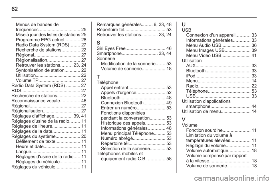 OPEL CORSA 2015 Manuel multimédia (in French) 62
Menus de bandes defréquences ................................ 25
Mise à jour des listes de stations 25
Programme EPG actuel ............28
Radio Data System (RDS) ........27
Recherche de stations OPEL CORSA 2015 Manuel multimédia (in French) 62
Menus de bandes defréquences ................................ 25
Mise à jour des listes de stations 25
Programme EPG actuel ............28
Radio Data System (RDS) ........27
Recherche de stations