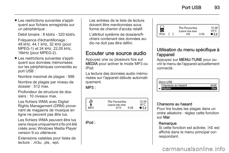 OPEL CORSA 2015 Manuel multimédia (in French) Port USB93
■ Les restrictions suivantes s'appli‐quent aux fichiers enregistrés sur
un périphérique :
Débit binaire : 8 kbit/s - 320 kbit/s.
Fréquence d'échantillonage :
48 kHz, 44,1 OPEL CORSA 2015 Manuel multimédia (in French) Port USB93
■ Les restrictions suivantes s'appli‐quent aux fichiers enregistrés sur
un périphérique :
Débit binaire : 8 kbit/s - 320 kbit/s.
Fréquence d'échantillonage :
48 kHz, 44,1