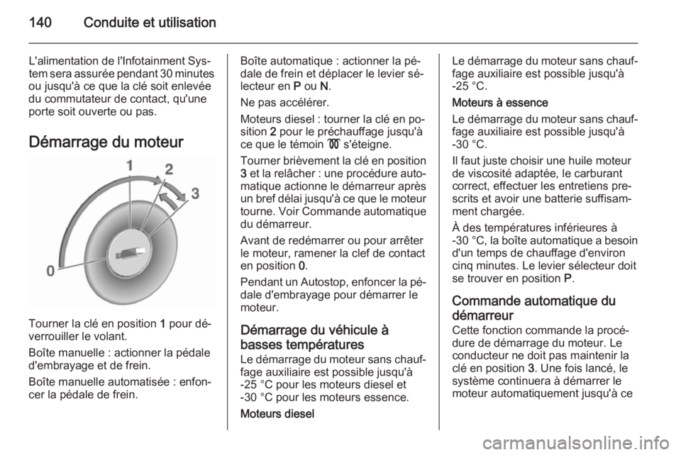 OPEL CORSA 2015 Manuel dutilisation (in French) 140Conduite et utilisation
L'alimentation de l'Infotainment Sys‐
tem sera assurée pendant 30 minutes
ou jusqu'à ce que la clé soit enlevée
du commutateur de contact, qu'une
porte OPEL CORSA 2015 Manuel dutilisation (in French) 140Conduite et utilisation
L'alimentation de l'Infotainment Sys‐
tem sera assurée pendant 30 minutes
ou jusqu'à ce que la clé soit enlevée
du commutateur de contact, qu'une
porte