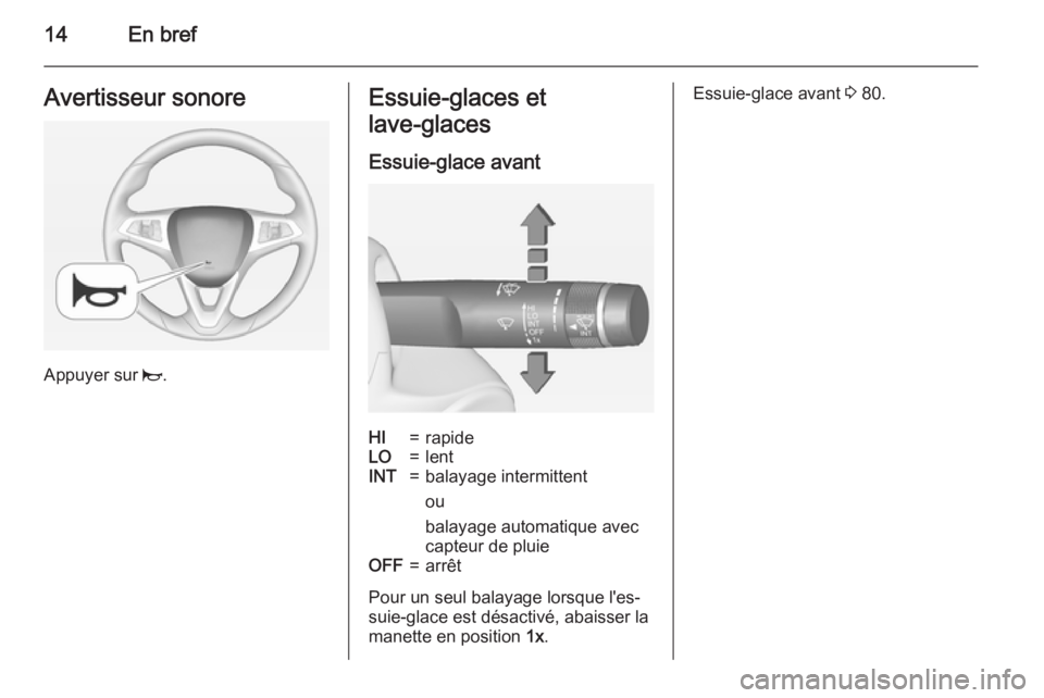 OPEL CORSA 2015  Manuel dutilisation (in French) 14En brefAvertisseur sonore
Appuyer sur j.
Essuie-glaces et
lave-glaces 
Essuie-glace avantHI=rapideLO=lentINT=balayage intermittent
ou
balayage automatique avec
capteur de pluieOFF=arrêt
Pour un seu