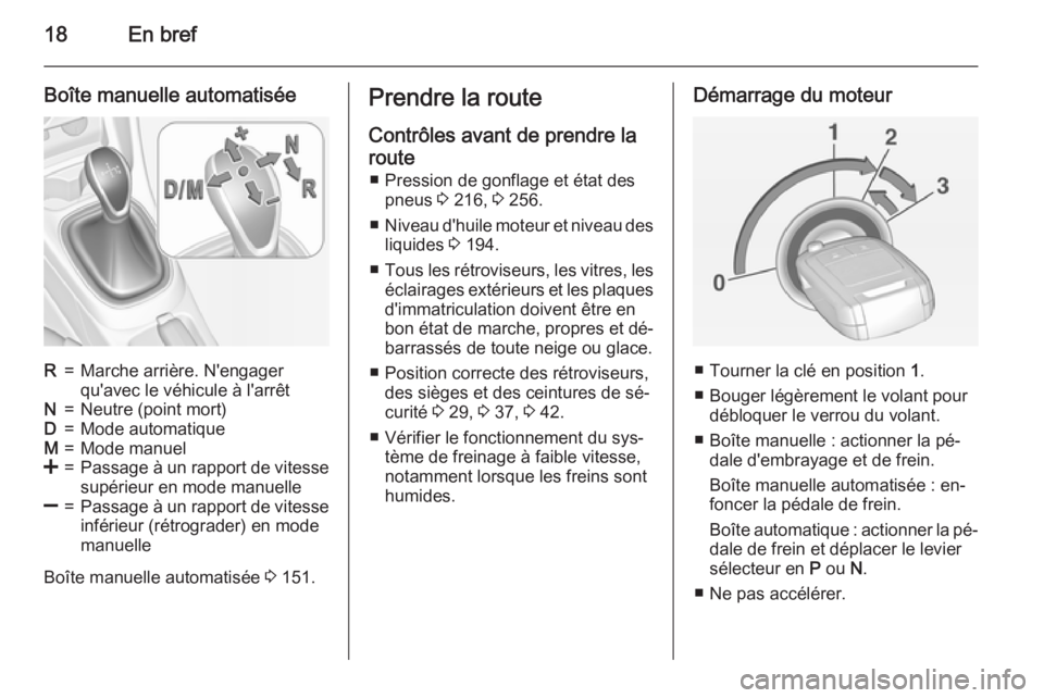 OPEL CORSA 2015  Manuel dutilisation (in French) 18En bref
Boîte manuelle automatiséeR=Marche arrière. N'engager
qu'avec le véhicule à l'arrêtN=Neutre (point mort)D=Mode automatiqueM=Mode manuel<=Passage à un rapport de vitesse
su