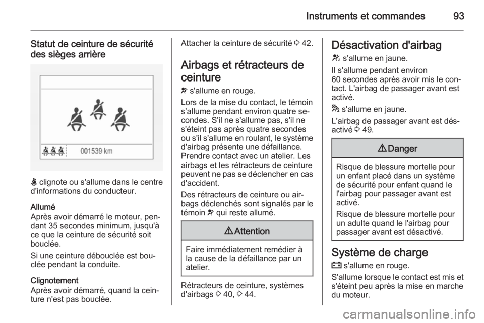 OPEL CORSA 2015 Manuel dutilisation (in French) Instruments et commandes93
Statut de ceinture de sécurité
des sièges arrière
X clignote ou s'allume dans le centre
d'informations du conducteur.
Allumé
Après avoir démarré le moteur, OPEL CORSA 2015 Manuel dutilisation (in French) Instruments et commandes93
Statut de ceinture de sécurité
des sièges arrière
X clignote ou s'allume dans le centre
d'informations du conducteur.
Allumé
Après avoir démarré le moteur,