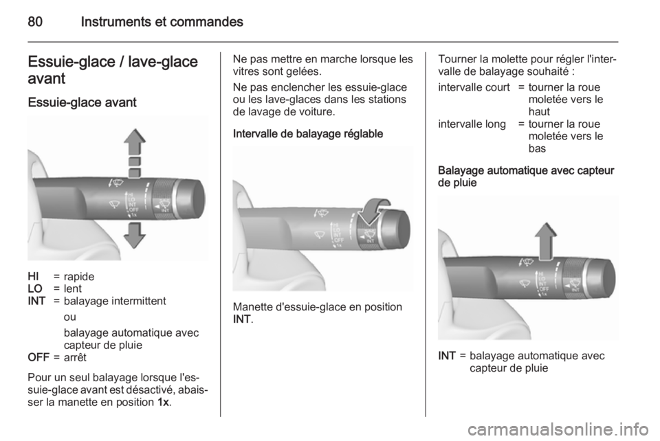 OPEL CORSA 2015.5  Manuel dutilisation (in French) 80Instruments et commandesEssuie-glace / lave-glace
avant
Essuie-glace avantHI=rapideLO=lentINT=balayage intermittent
ou
balayage automatique avec
capteur de pluieOFF=arrêt
Pour un seul balayage lors