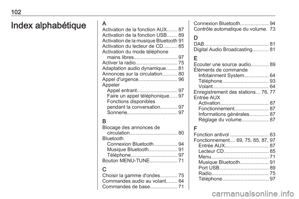 OPEL CORSA 2016  Manuel multimédia (in French) 102Index alphabétiqueAActivation de la fonction AUX .......87
Activation de la fonction USB .......89
Activation de la musique Bluetooth 91
Activation du lecteur de CD ..........85
Activation du mode