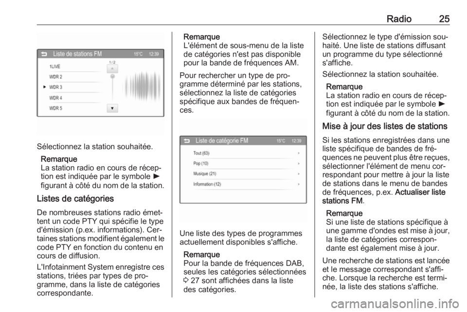 OPEL CORSA 2016  Manuel multimédia (in French) Radio25
Sélectionnez la station souhaitée.Remarque
La station radio en cours de récep‐
tion est indiquée par le symbole  l
figurant à côté du nom de la station.
Listes de catégories
De nombr