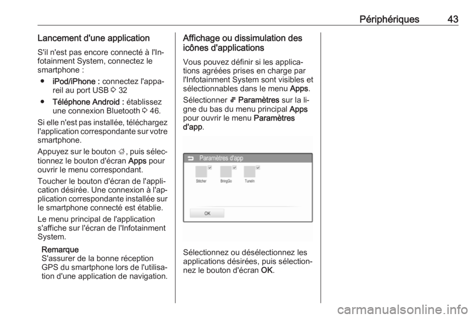 OPEL CORSA 2016  Manuel multimédia (in French) Périphériques43Lancement d'une application
S'il n'est pas encore connecté à l'In‐
fotainment System, connectez le
smartphone :
● iPod/iPhone :  connectez l'appa‐
reil au 