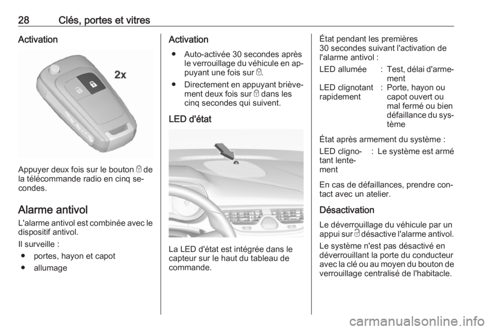 OPEL CORSA 2016 Manuel dutilisation (in French) 28Clés, portes et vitresActivation
Appuyer deux fois sur le bouton e de
la télécommande radio en cinq se‐
condes.
Alarme antivol L'alarme antivol est combinée avec le
dispositif antivol.
Il OPEL CORSA 2016 Manuel dutilisation (in French) 28Clés, portes et vitresActivation
Appuyer deux fois sur le bouton e de
la télécommande radio en cinq se‐
condes.
Alarme antivol L'alarme antivol est combinée avec le
dispositif antivol.
Il
