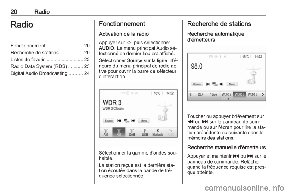 OPEL CORSA 2016.5  Manuel multimédia (in French) 20RadioRadioFonctionnement........................... 20
Recherche de stations .................20
Listes de favoris ........................... 22
Radio Data System (RDS) ...........23
Digital Audio 